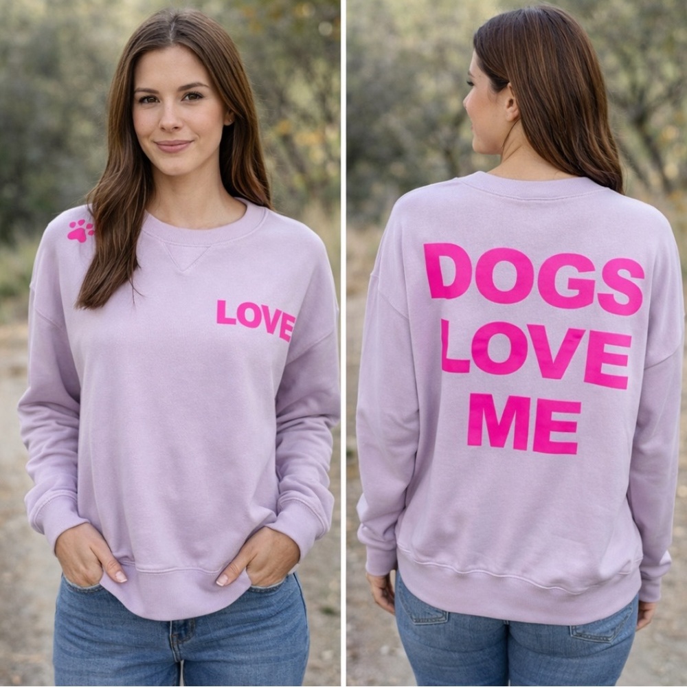 Sz L Wildfox Lavender “Dogs Love Me” Graphic Crewneck Sweatshirt NWT $108 MSRP